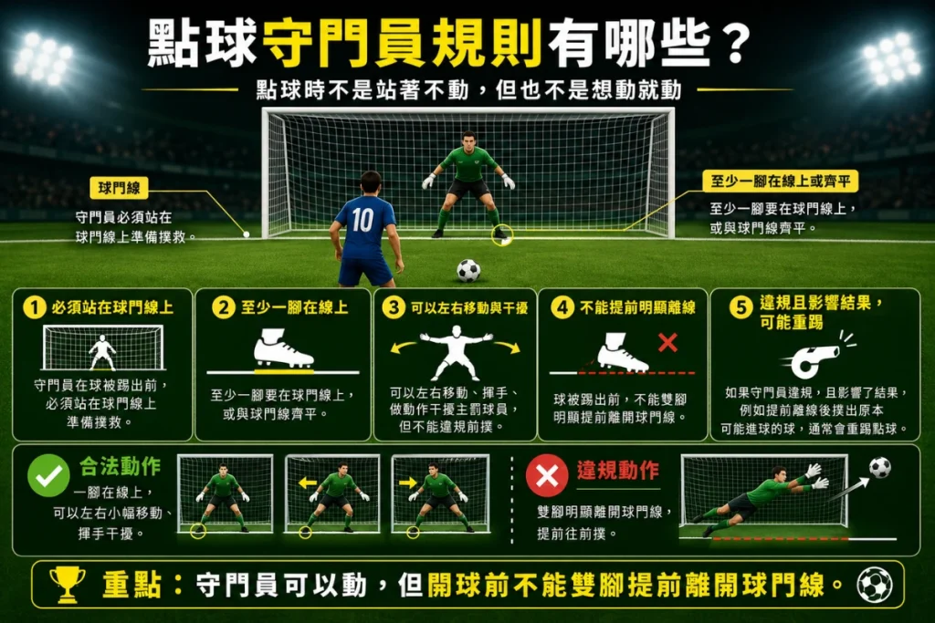點球守門員規則說明,介紹球門線站位、提前離線與重踢判定。