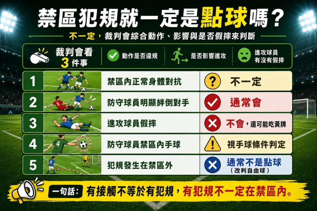 禁區犯規點球判定說明,介紹犯規接觸、假摔、手球與禁區外犯規差異。