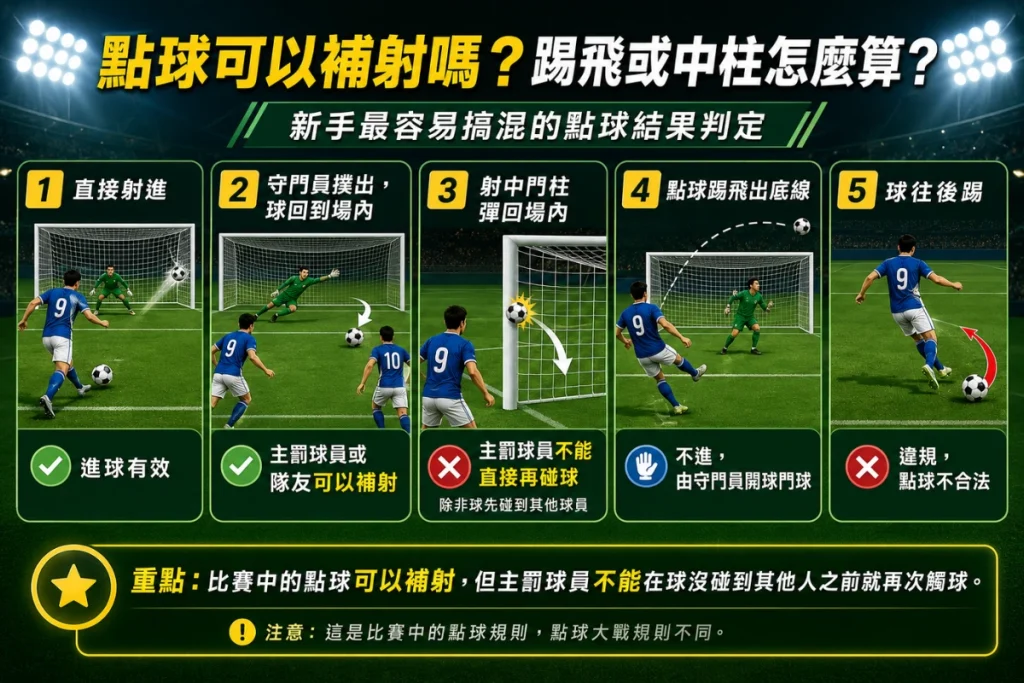 點球補射規則說明,介紹射進、撲出、中柱、踢飛與二次觸球判定。