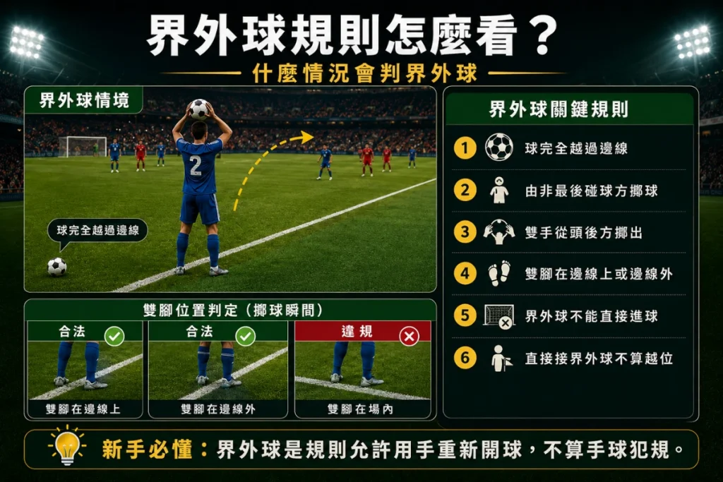 足球界外球規則圖解，說明邊線出界、雙手擲球與站位要求。