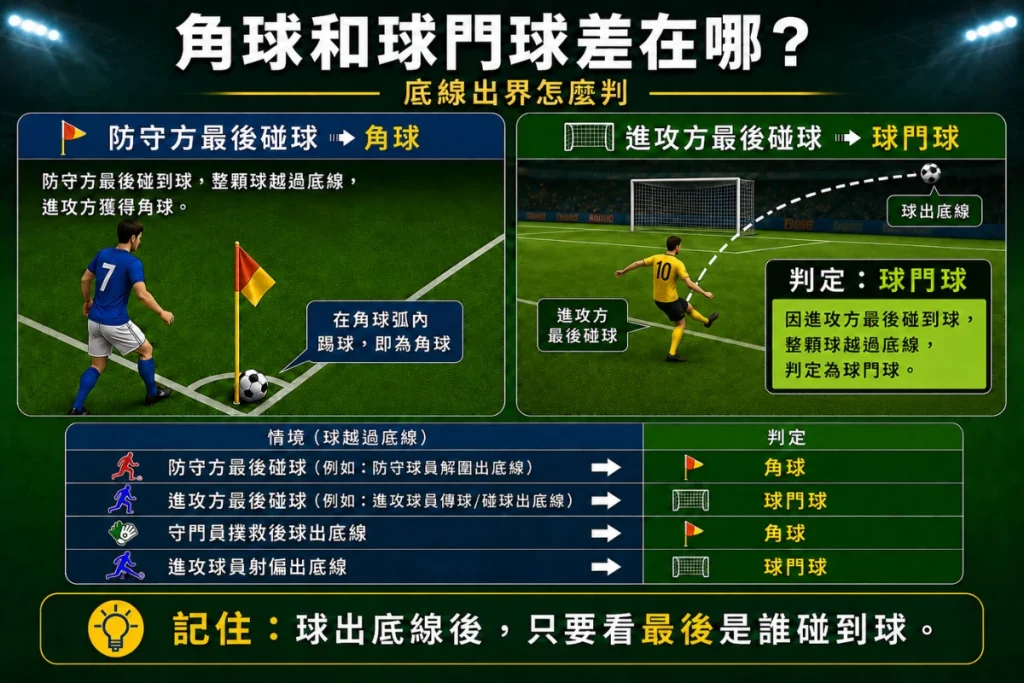 角球和球門球差異圖解，說明底線出界時最後碰球方如何影響判定。