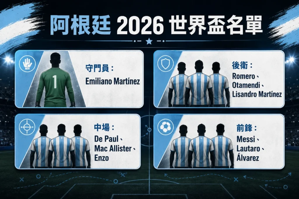 阿根廷 2026 世界盃名單整理，列出守門員、後衛、中場與前鋒代表球員。