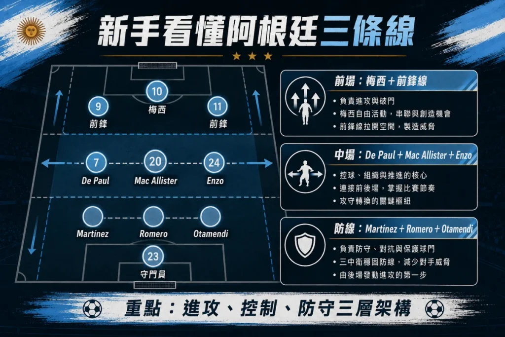 新手看懂阿根廷三條線，整理前場、中場與防線的關鍵球員。