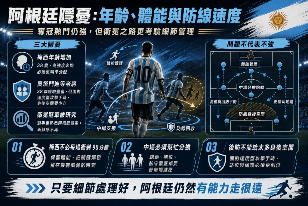 阿根廷世界盃隱憂分析，整理梅西年齡、老將體能、防線速度與細節管理問題。