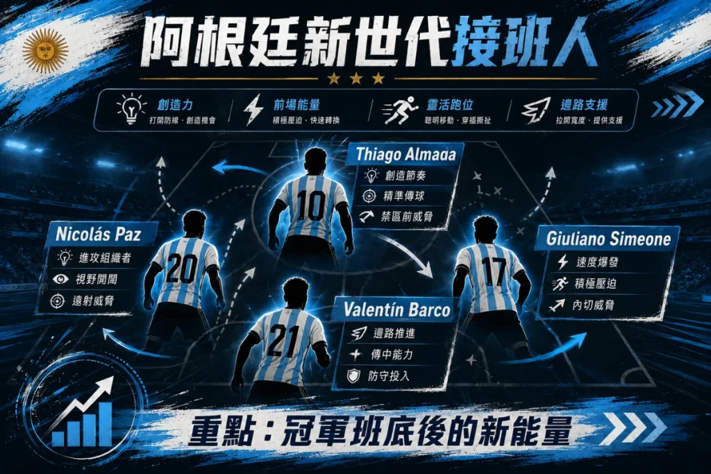 阿根廷新世代球員整理，介紹 Thiago Almada、Nicolás Paz、Giuliano Simeone 與 Valentín Barco。
