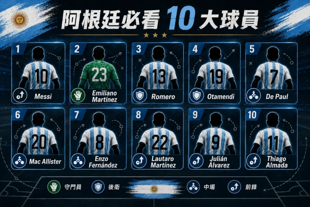 阿根廷必看 10 大球員整理，介紹梅西、Emiliano Martínez、Romero、De Paul 與 Lautaro Martínez 等人。
