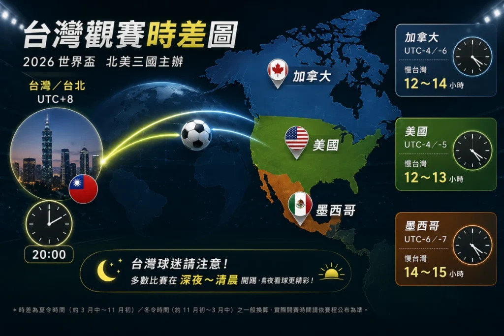2026世足台灣觀賽時差說明，提醒台灣球迷注意北美賽事時間。