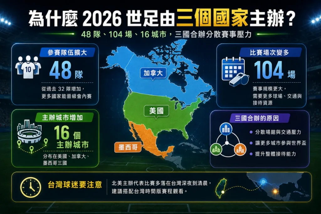 2026 世足三國主辦原因說明，整理 48 隊新賽制、104 場比賽、16 個主辦城市與三國合辦重點。