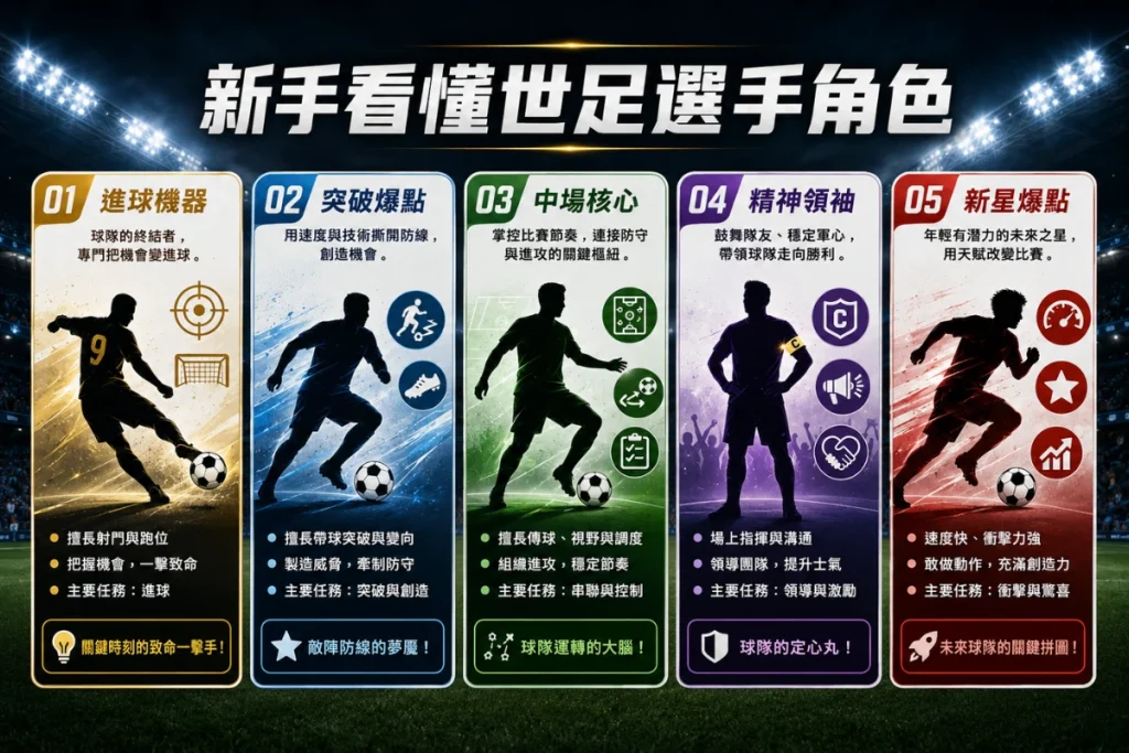 新手看懂世足選手角色，整理進球機器、突破爆點、中場核心、精神領袖與新星爆點。