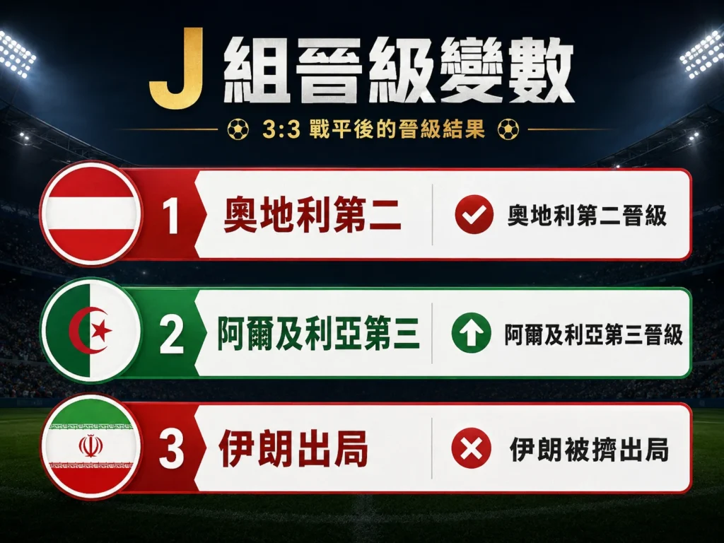 J 組晉級變數整理，3 比 3 戰平後奧地利第二、阿爾及利亞第三晉級。