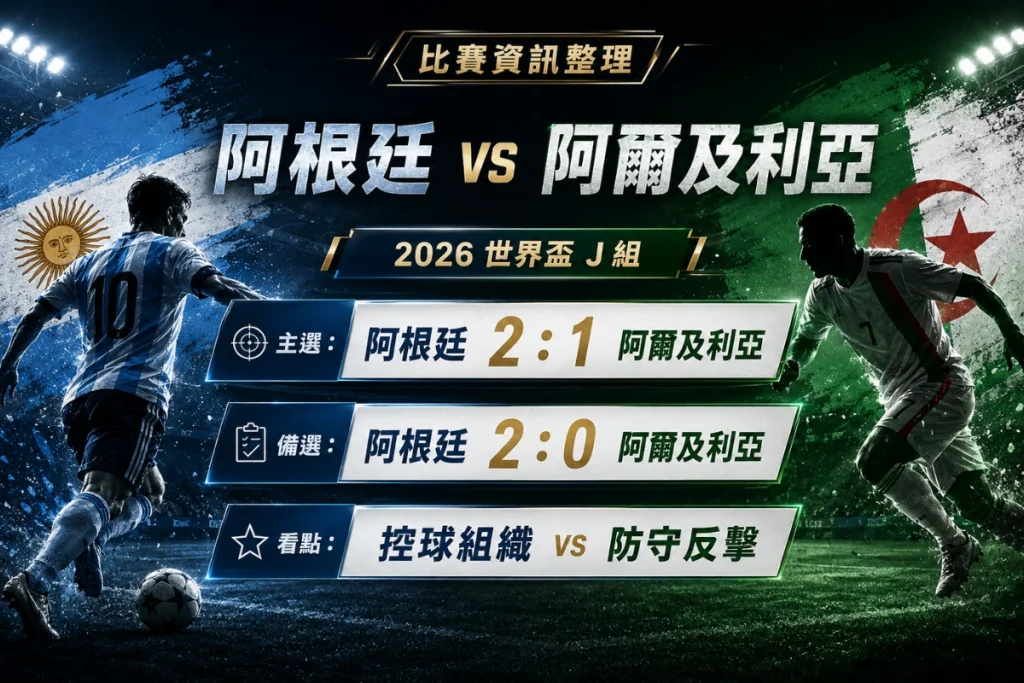 阿根廷 vs 阿爾及利亞比賽資訊，整理 J 組首戰、主選比分與備選比分。