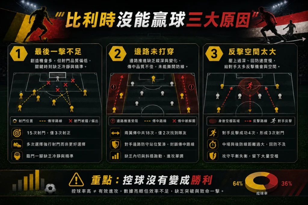 比利時沒能擊敗埃及三大原因,整理最後一擊不足、邊路未打穿與反擊空間問題。