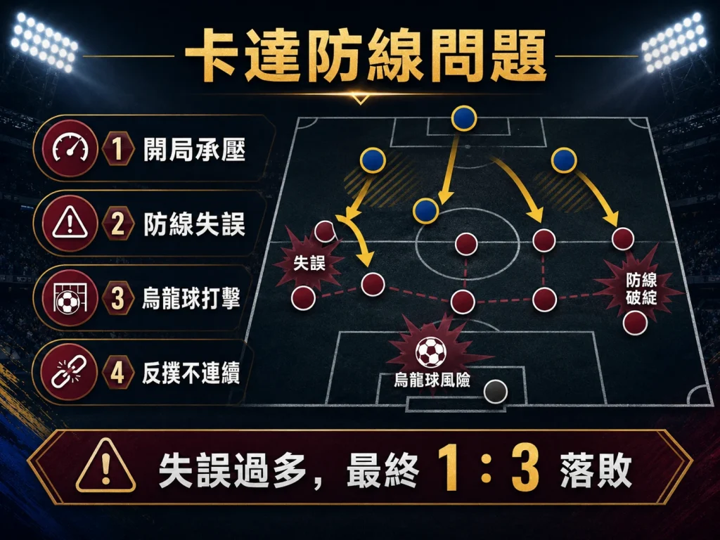 卡達防線問題成為敗因，失誤過多導致 1 比 3 落敗。