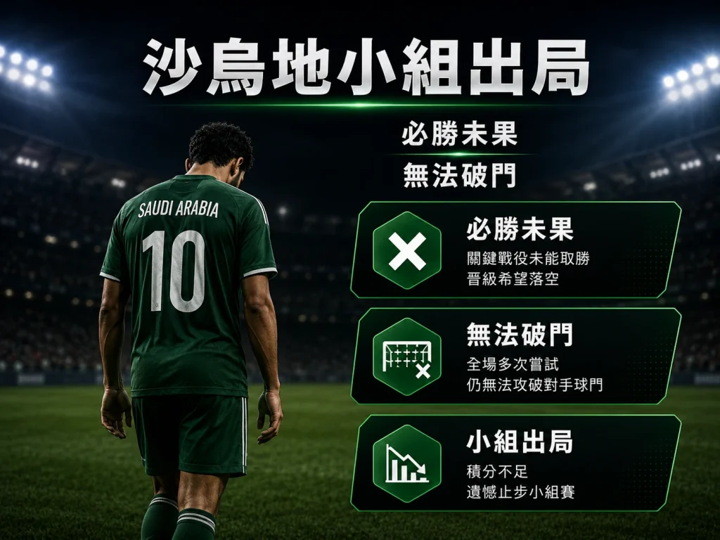 沙烏地阿拉伯 0 比 0 戰平維德角後小組出局，必勝未果導致晉級希望落空。