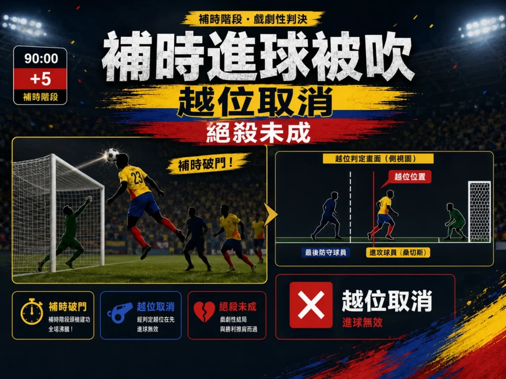 哥倫比亞補時進球因越位被取消，絕殺未成成為比賽最大爭議。