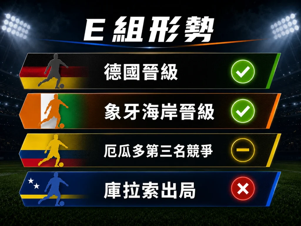 E 組形勢整理，德國與象牙海岸晉級，厄瓜多競爭第三名，庫拉索小組出局。