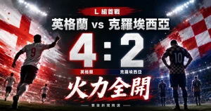 英格蘭 vs 克羅埃西亞賽後，英格蘭 4 比 2 擊敗克羅埃西亞，L 組首戰火力全開。