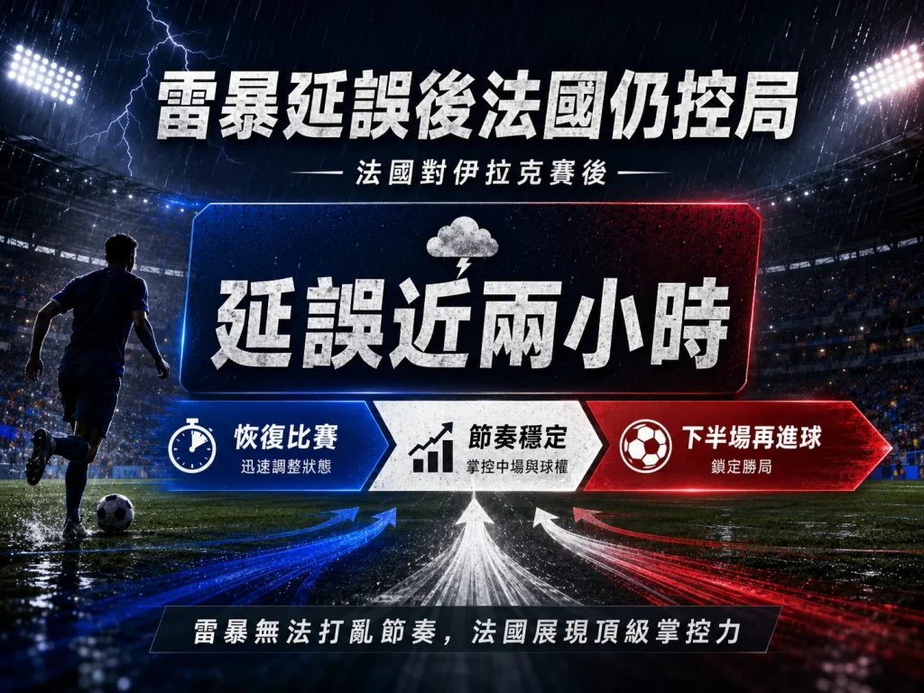 法國對伊拉克中場因雷暴延誤近兩小時，法國恢復比賽後仍掌控節奏。