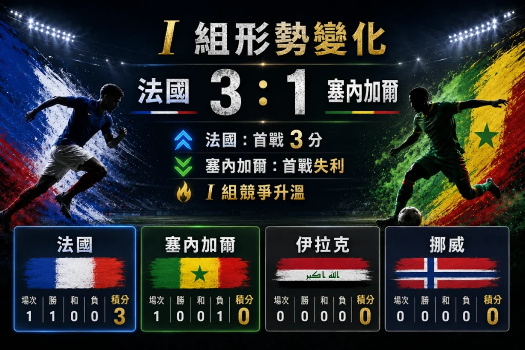世界盃 I 組形勢變化,法國 3 比 1 擊敗塞內加爾後搶下 3 分。