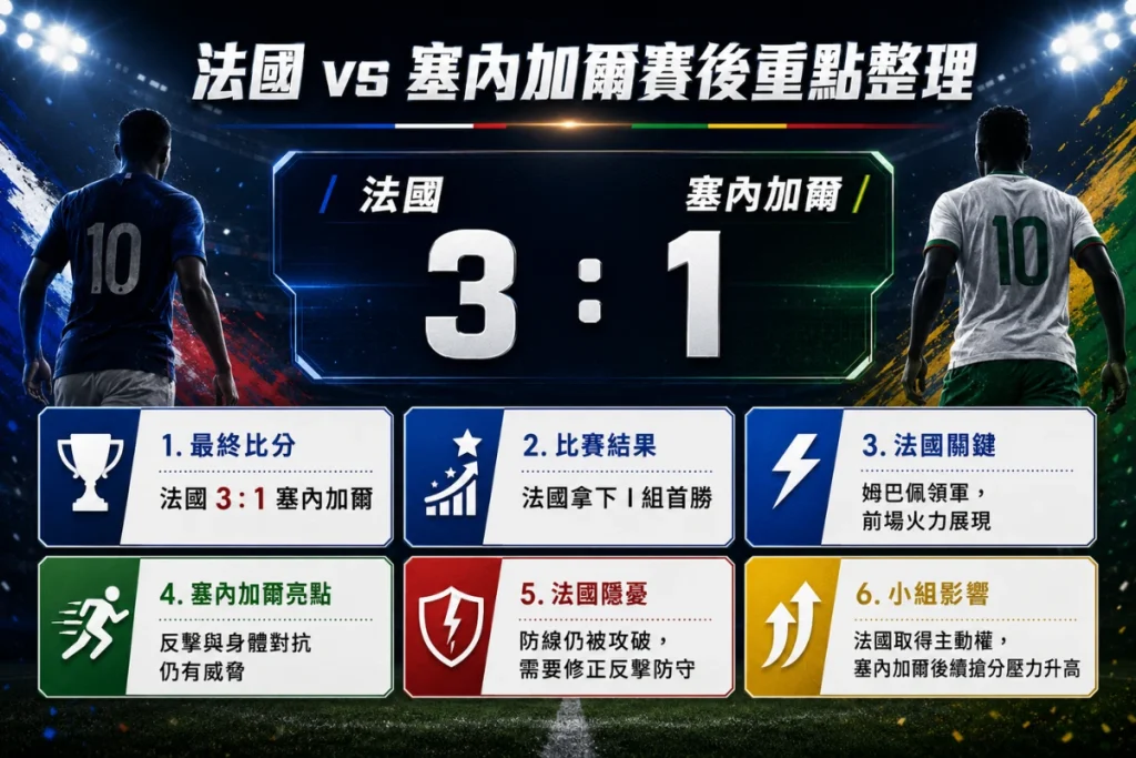 法國 vs 塞內加爾賽後重點整理,介紹法國 3 比 1 取勝、塞內加爾亮點與小組形勢影響。