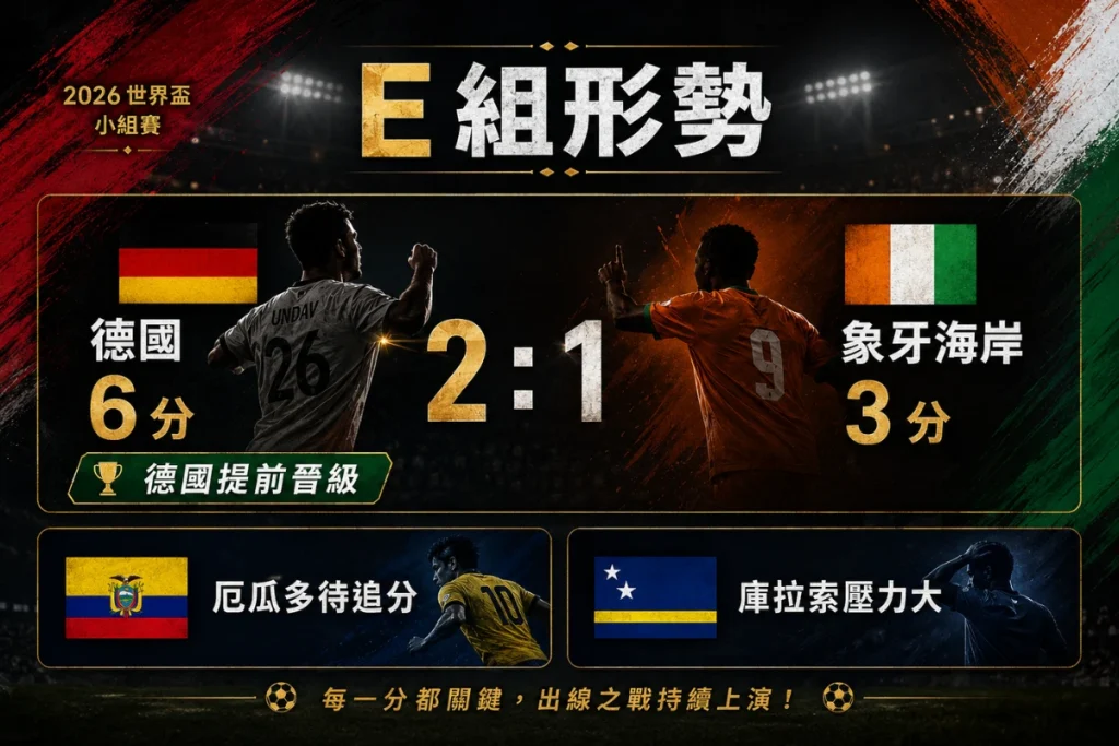 世界盃 E 組形勢變化，德國 2 比 1 擊敗象牙海岸後 6 分提前晉級。
