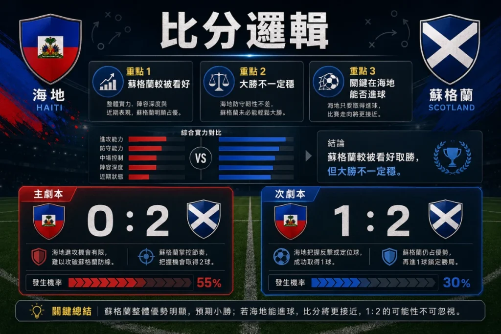 海地對蘇格蘭比分邏輯分析，整理蘇格蘭小勝、海地進球與 2 比 0 或 2 比 1 劇本。