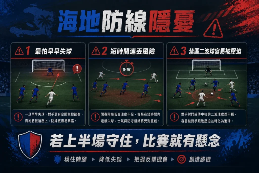 海地防線隱憂分析，整理早早失球、短時間連丟與防守穩定性問題。