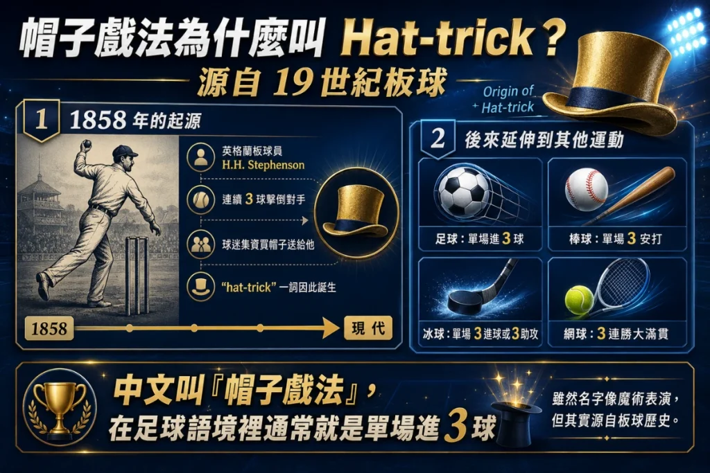 帽子戲法名稱由來說明,介紹 Hat-trick 源自 19 世紀板球並延伸到足球、棒球與冰球。