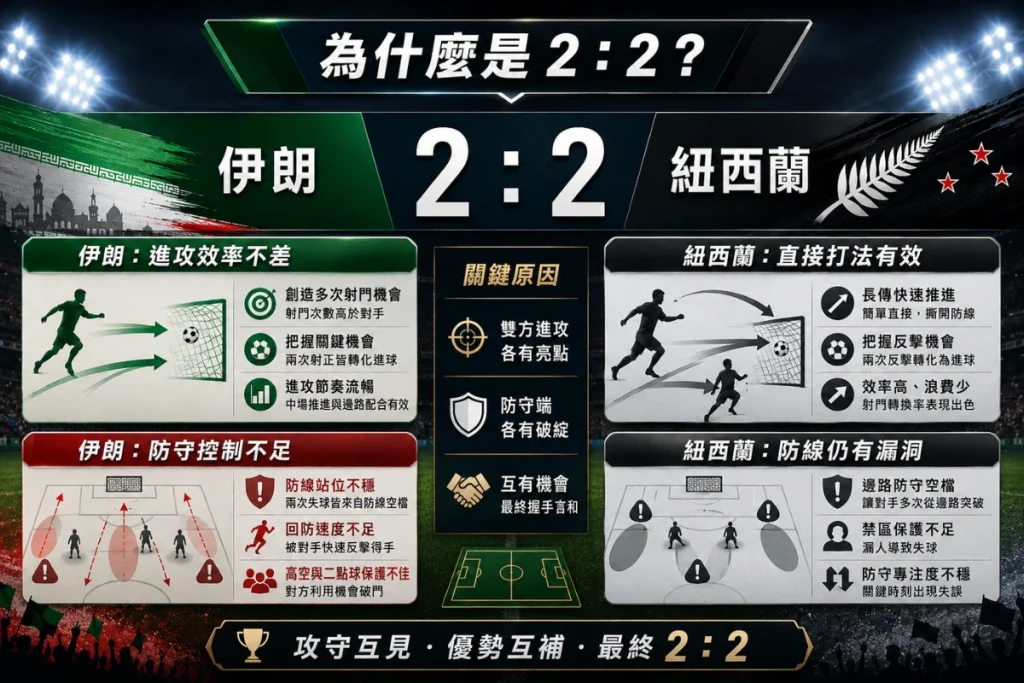 伊朗 2 比 2 紐西蘭原因分析，整理雙方進攻收穫與防守問題。