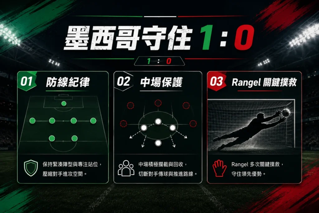 墨西哥對南韓守住 1 比 0 勝利，防線紀律與門將撲救成關鍵。