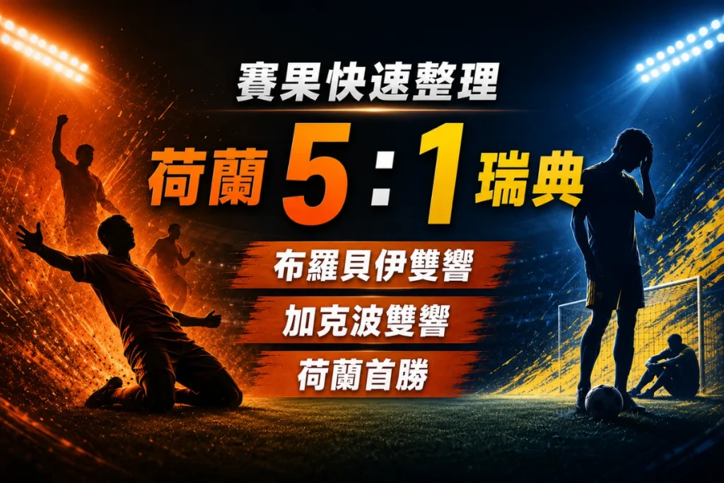 荷蘭對瑞典賽果整理，荷蘭 5 比 1 擊敗瑞典，布羅貝伊與加克波雙響。