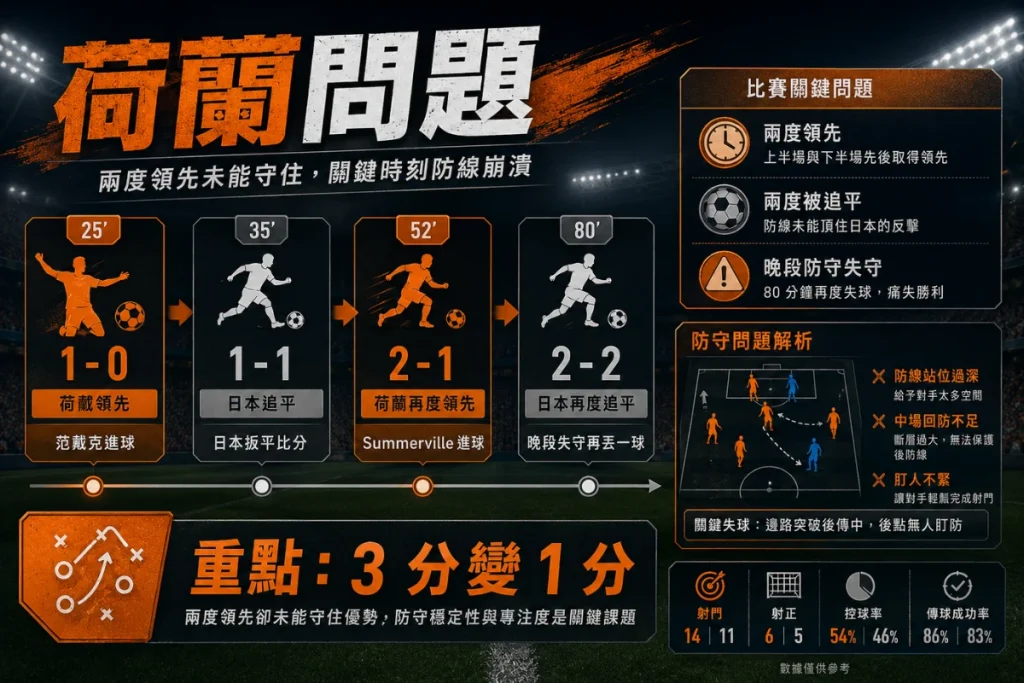 荷蘭兩度領先未能守住分析，整理范戴克進球、Summerville 進球與晚段失守。
