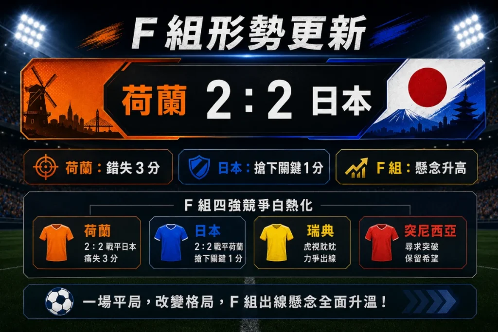 世界盃 F 組形勢分析，整理荷蘭 2 比 2 日本後的小組影響。