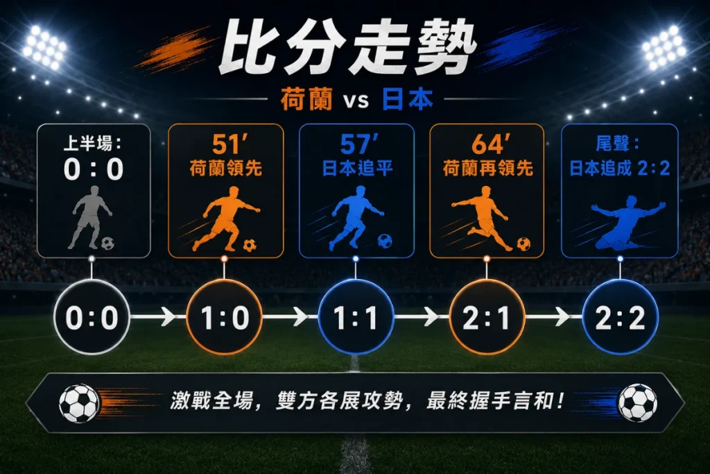 荷蘭對日本比分走勢，整理 2 比 2 平手與日本兩度追平的關鍵節點。