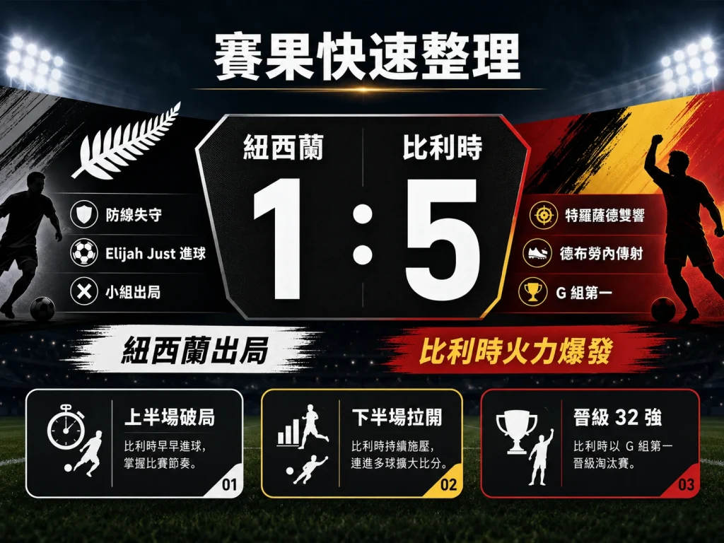 紐西蘭對比利時賽果快速整理，比利時 5 比 1 大勝，特羅薩德雙響，紐西蘭小組出局。