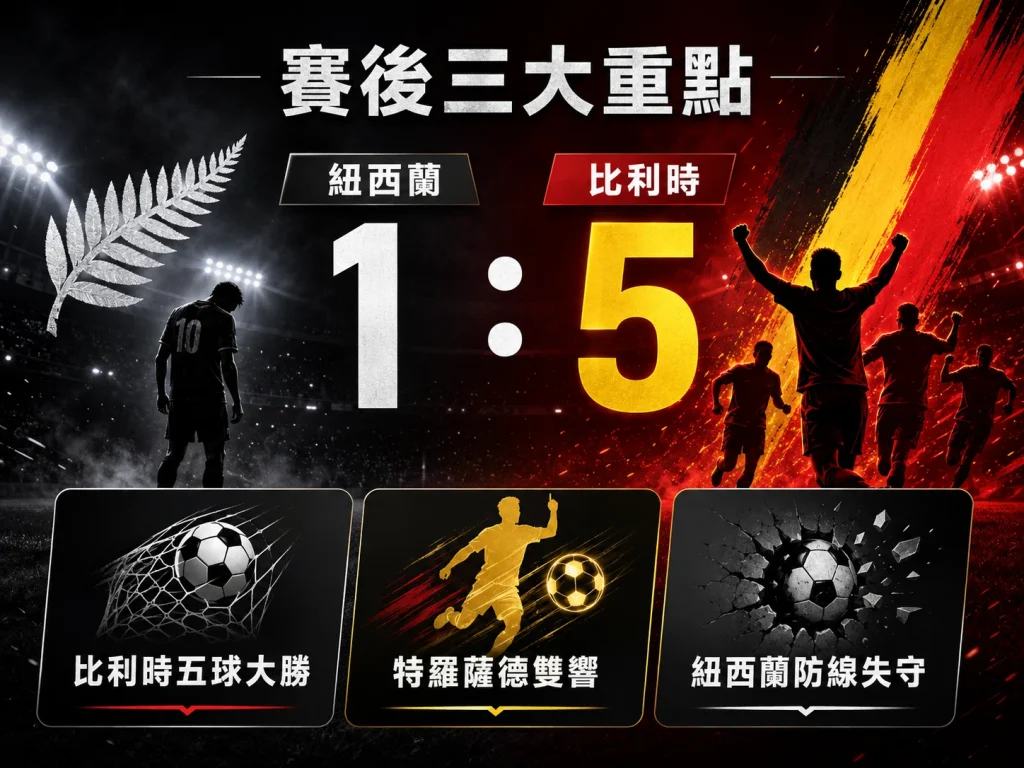 紐西蘭對比利時賽後三大重點，比利時五球大勝，特羅薩德雙響，紐西蘭防線失守。