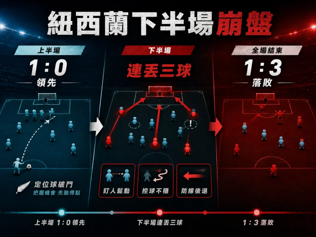 紐西蘭對埃及上半場領先，但下半場連丟三球，最終 1 比 3 落敗。