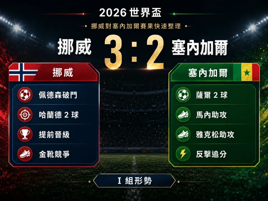 挪威對塞內加爾賽果整理,挪威 3 比 2 取勝,哈蘭德與薩爾皆梅開二度。