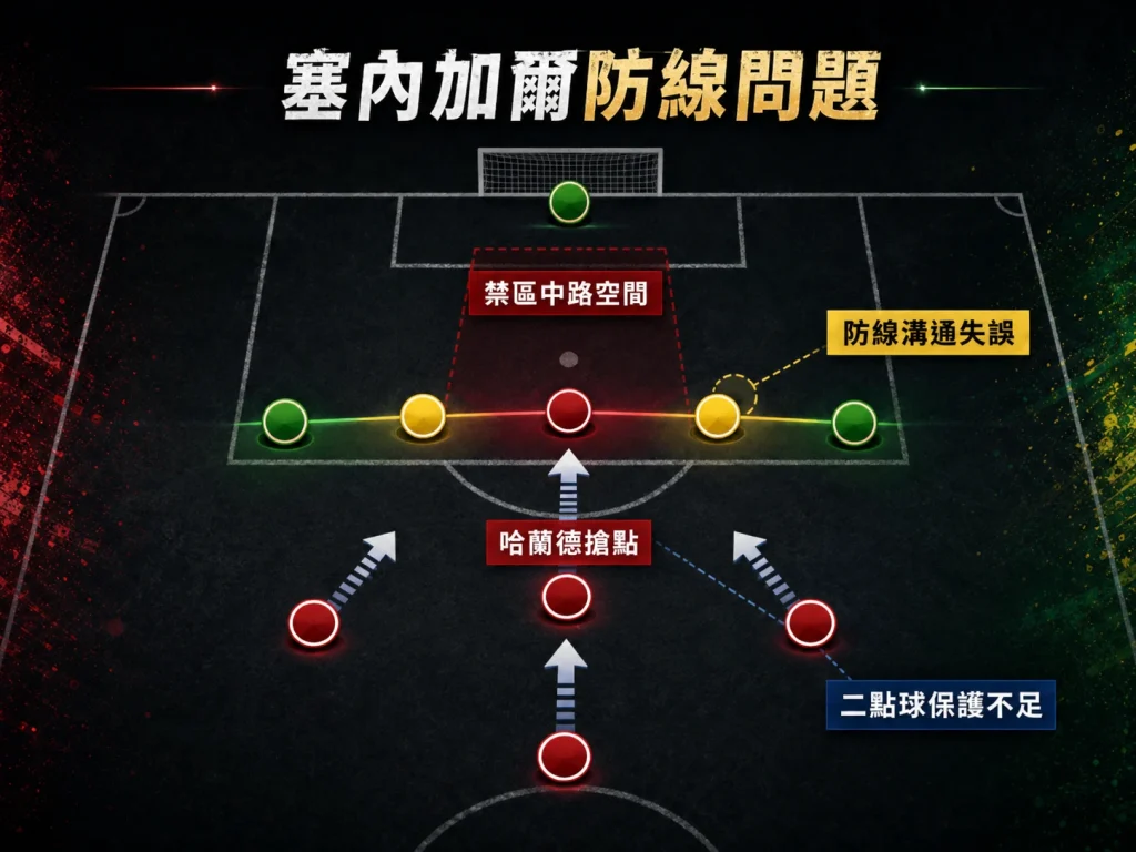 塞內加爾防線面對哈蘭德與挪威反擊時出現空間與溝通問題。