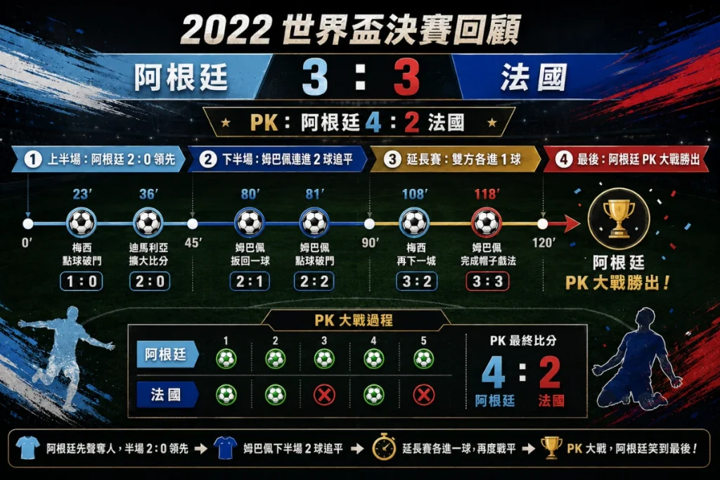 2022 世界盃決賽回顧，整理阿根廷與法國 3 比 3 後 PK 大戰勝出。