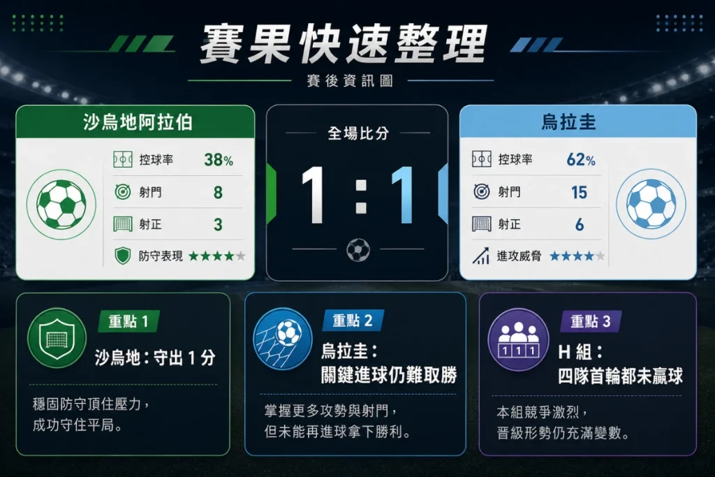 沙烏地阿拉伯對烏拉圭賽果整理，說明雙方 1 比 1 戰平與各拿 1 分。