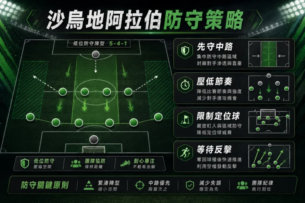 沙烏地阿拉伯防守策略分析,整理低位防守、中路封鎖與反擊等待。