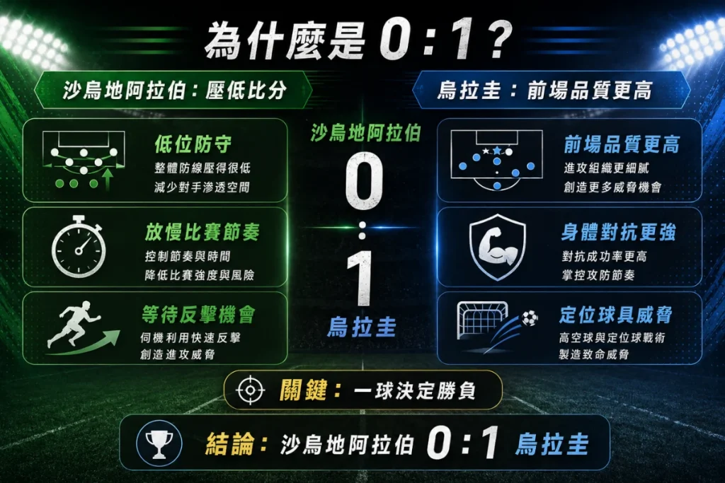 沙烏地阿拉伯對烏拉圭 0 比 1 推論圖,整理沙烏地阿拉伯防守與烏拉圭前場優勢。