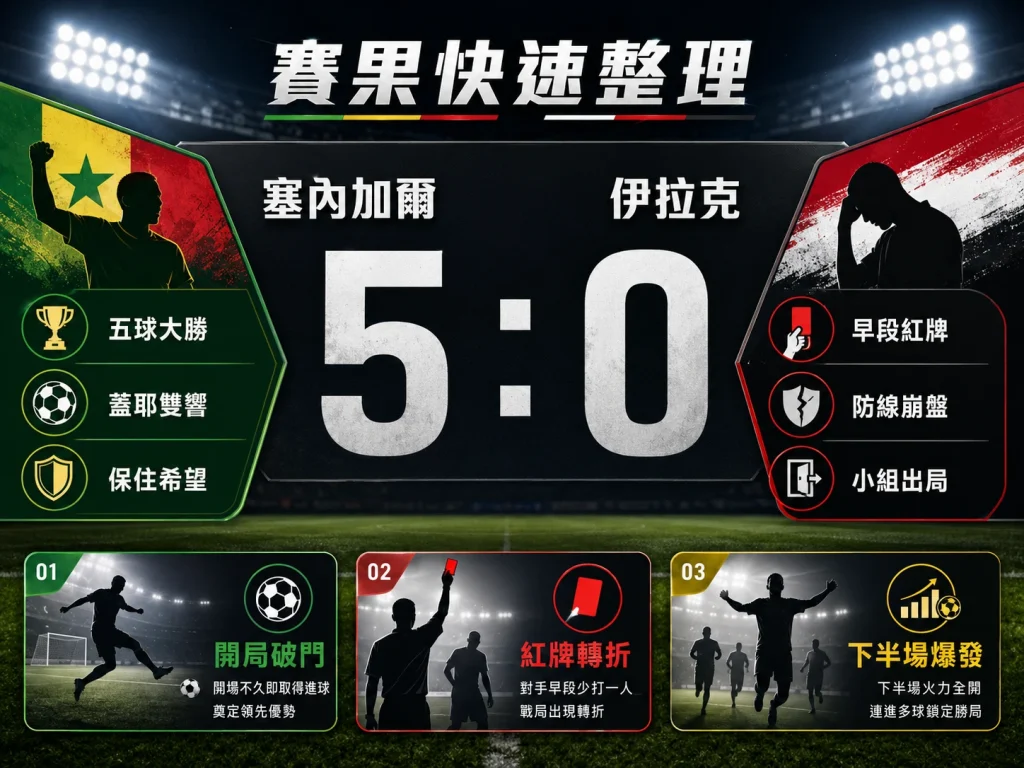 塞內加爾對伊拉克賽果快速整理，塞內加爾 5 比 0 大勝伊拉克，蓋耶雙響，伊拉克小組出局。