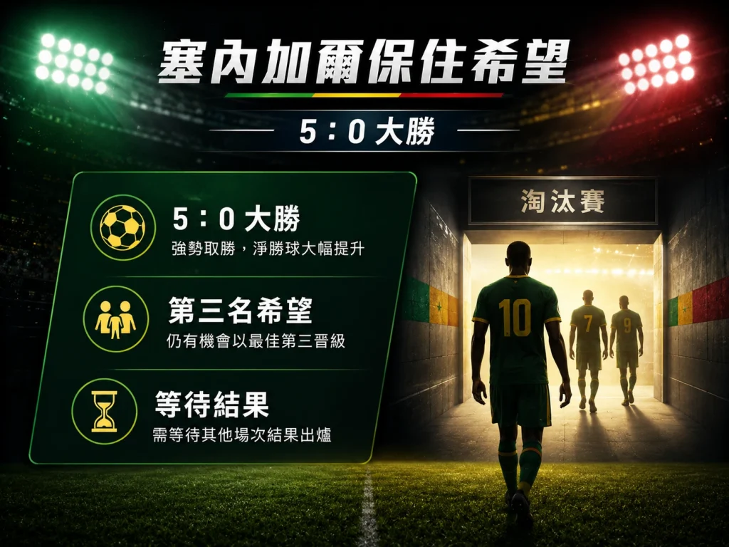 塞內加爾 5 比 0 大勝伊拉克後保住晉級希望，仍需等待其他場次結果。
