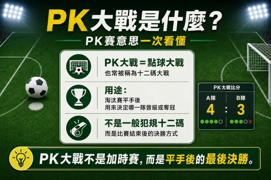 PK大戰意思說明，介紹點球大戰、十二碼大戰與PK賽意思。