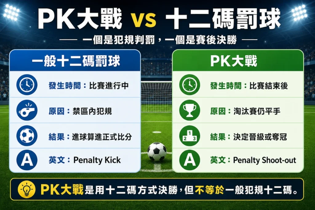 PK大戰與十二碼罰球差異，說明比賽中判罰與賽後決勝不同。