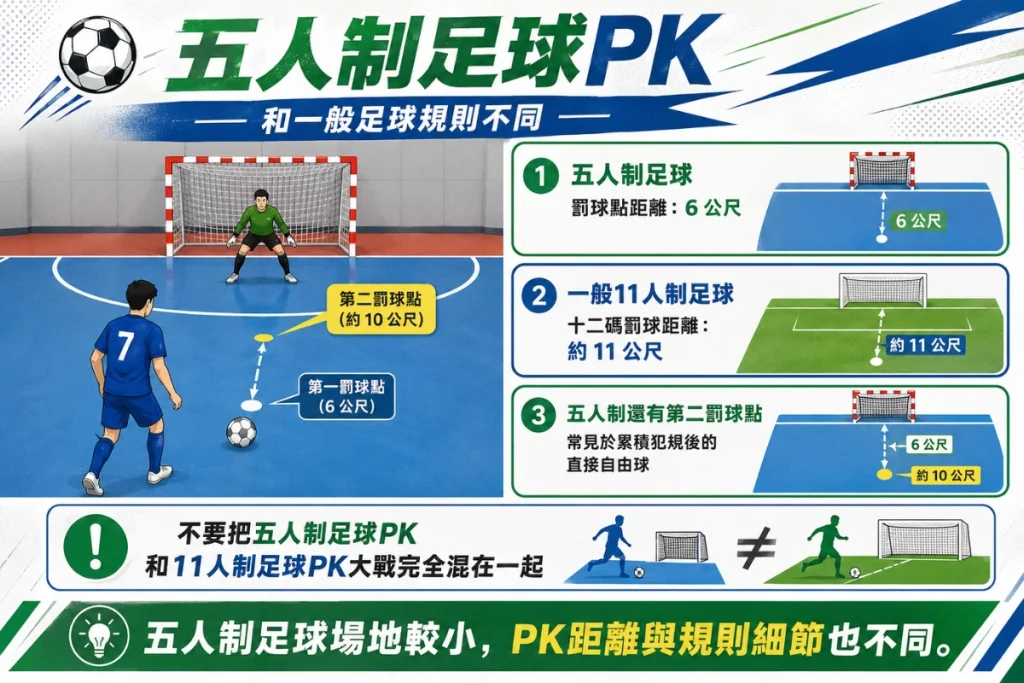 五人制足球PK規則說明，整理五人制點球距離與一般足球差異。