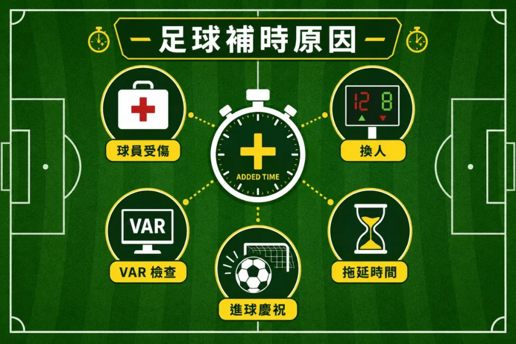 足球補時原因整理，介紹受傷、換人、VAR、拖延時間與進球慶祝。