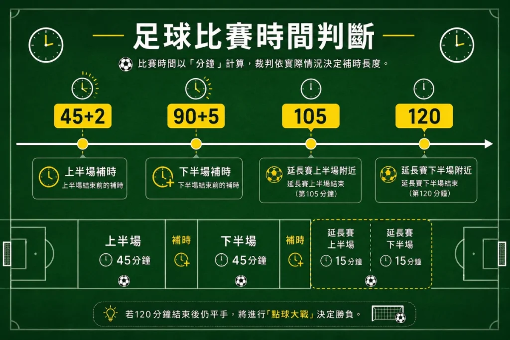 足球比賽時間判斷圖，說明 45+、90+、105 與 120 分鐘的差別。